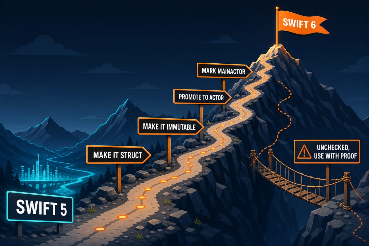 Swift 5에서 Swift 6 정상까지 이어지는 마이그레이션 단계 표지판 일러스트