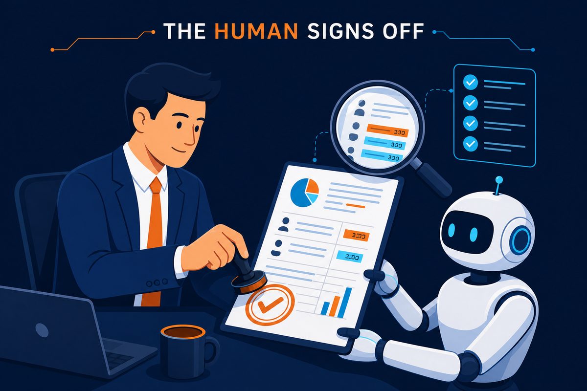 THE HUMAN SIGNS OFF 텍스트와 로봇이 건넨 보고서를 검토하고 승인 도장을 찍는 직장인 일러스트