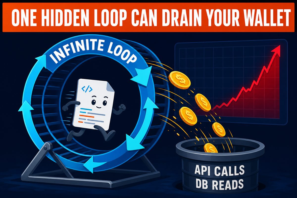 ONE HIDDEN LOOP CAN DRAIN YOUR WALLET 문구와 함께 INFINITE LOOP 쳇바퀴를 도는 코드가 API CALLS DB READS 통으로 동전을 쏟아내는 일러스트