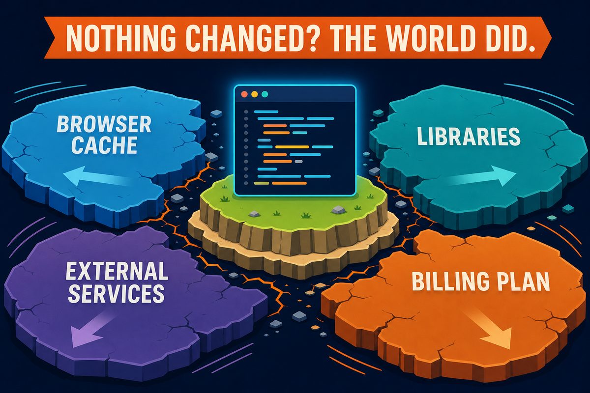 NOTHING CHANGED THE WORLD DID 문구와 함께 그대로인 코드 섬 주위로 BROWSER CACHE LIBRARIES EXTERNAL SERVICES BILLING PLAN 지각판이 움직이는 일러스트