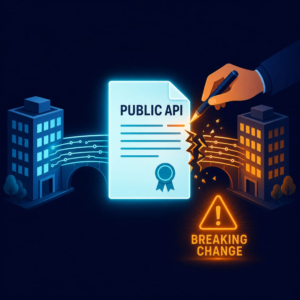공개 API 계약서를 수정하자 코드 다리가 부서지는 breaking change 일러스트 — 메서드 시그니처 변경의 호환성 파괴