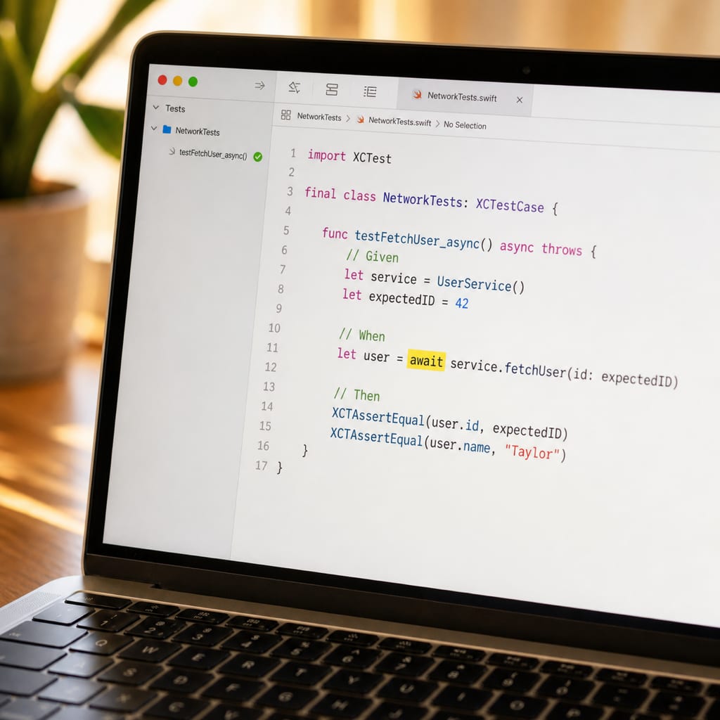 await 키워드가 강조된 Swift async 테스트 함수와 초록 체크 표시