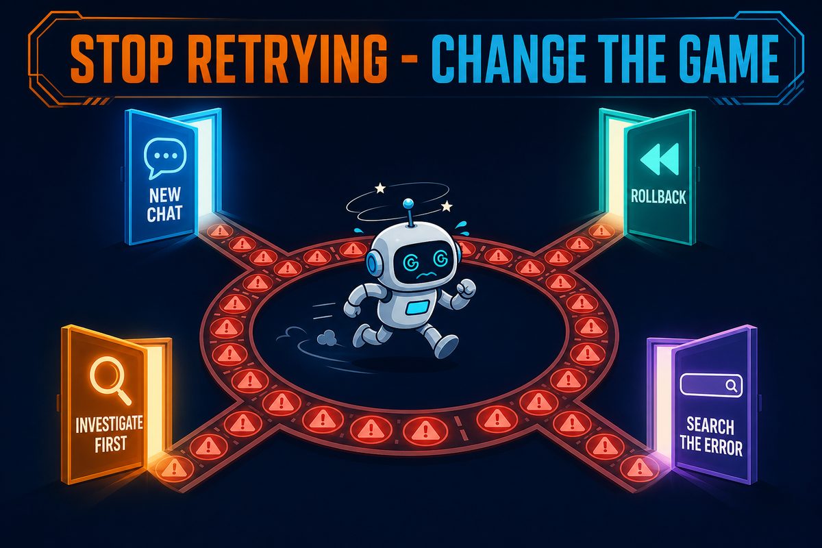 STOP RETRYING CHANGE THE GAME 문구와 함께 에러 트랙을 뱅뱅 도는 로봇과 NEW CHAT ROLLBACK INVESTIGATE FIRST SEARCH THE ERROR 네 개의 탈출문 일러스트