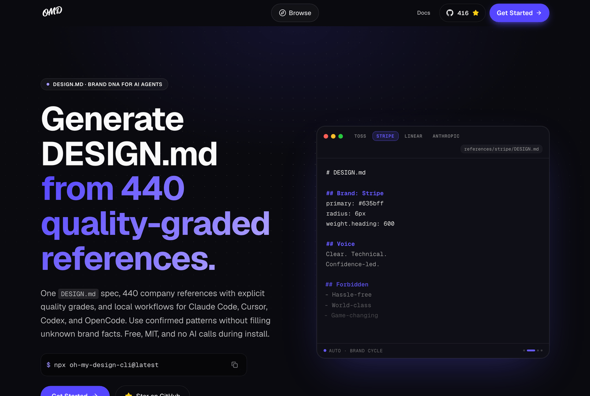 oh-my-design 공식 홈페이지, 440개 품질 등급 레퍼런스와 npx 설치 명령 소개