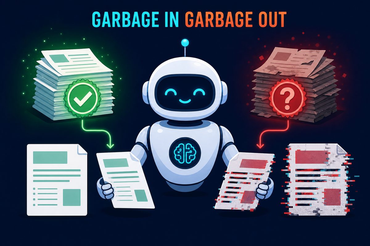 GARBAGE IN GARBAGE OUT 텍스트와 검증된 자료와 불량 자료가 다른 품질의 답을 만드는 일러스트