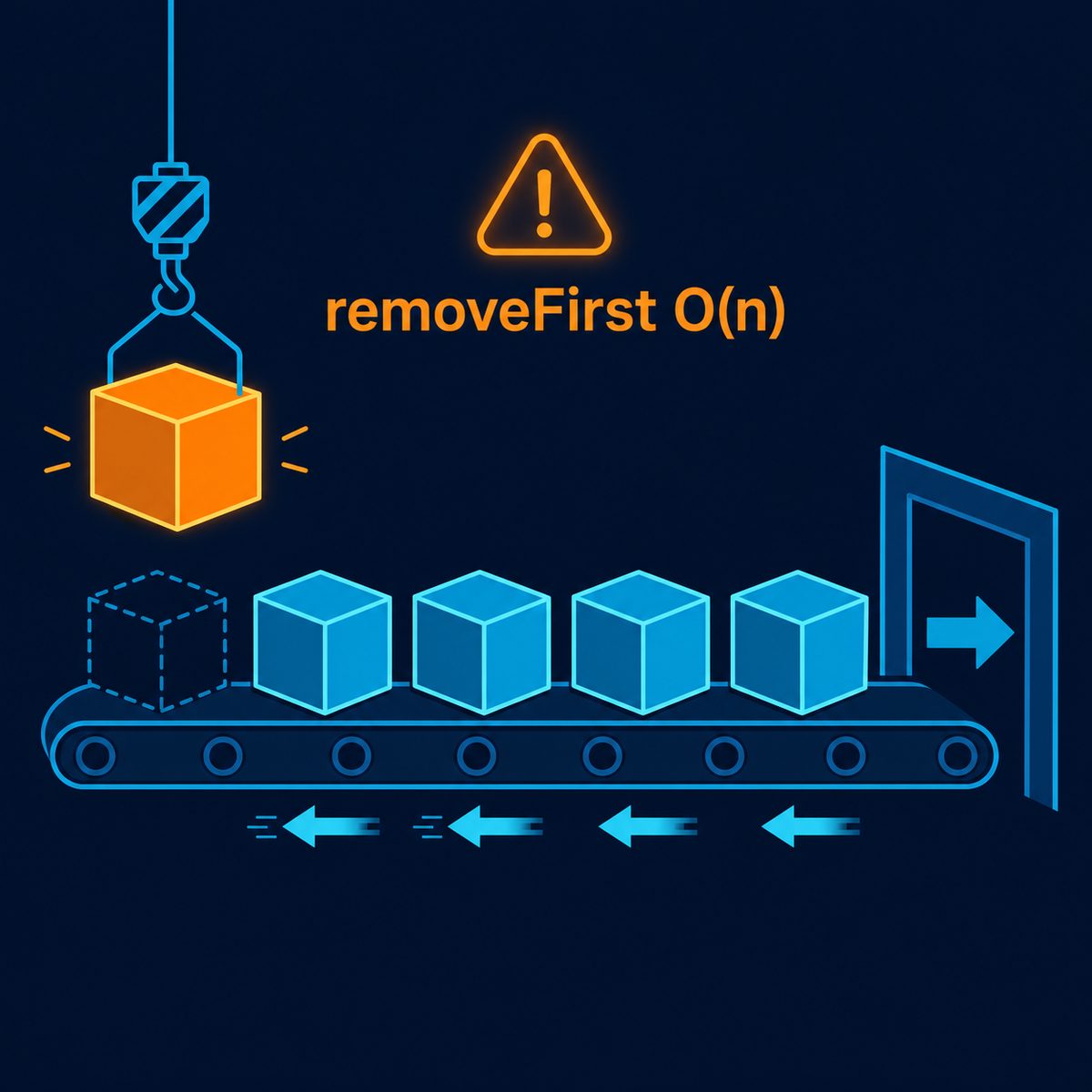 Swift 배열 removeFirst O(n) 성능 함정을 컨베이어 벨트로 표현한 큐 일러스트