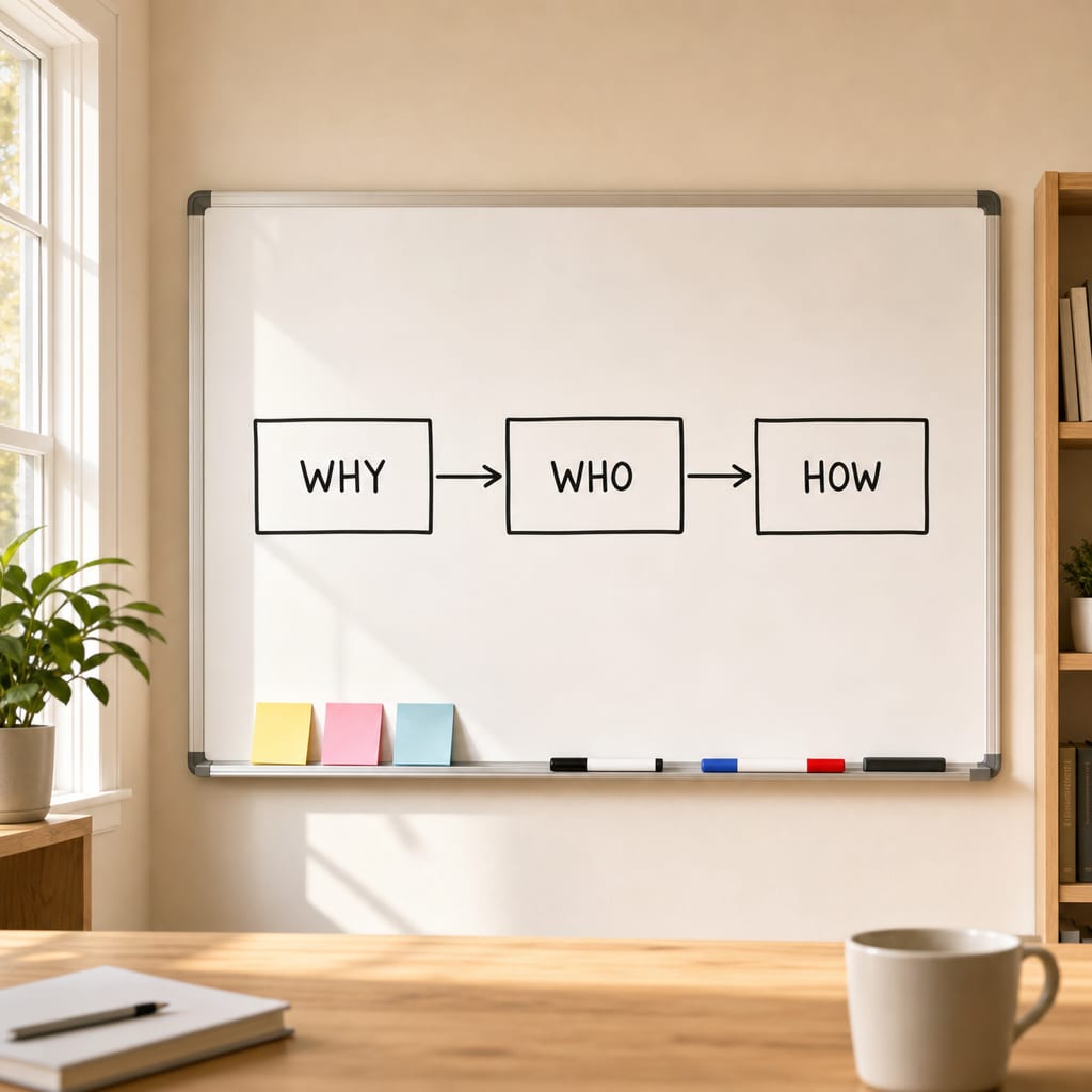 화이트보드에 WHY·WHO·HOW 세 상자를 화살표로 연결한 정리 도식