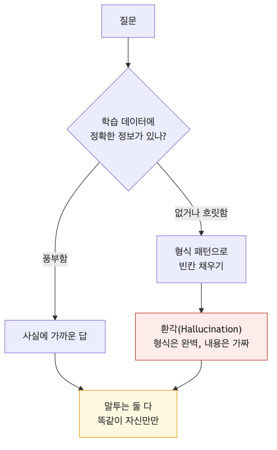 AI 환각 발생 경로 다이어그램, 학습 데이터 부족 시 형식 패턴으로 빈칸을 채워 가짜 답 생성