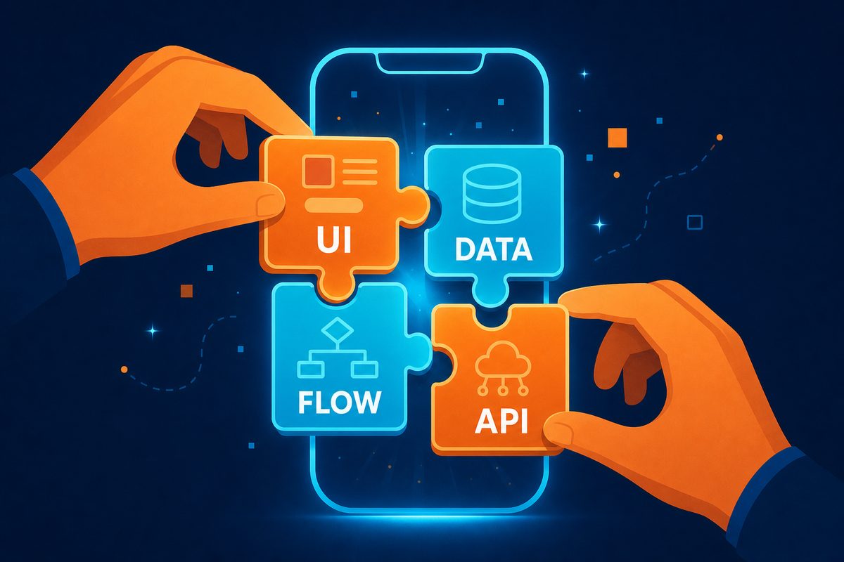 UI 데이터 플로우 API 블록을 조립해 iOS 앱을 만드는 노코드 개념 일러스트