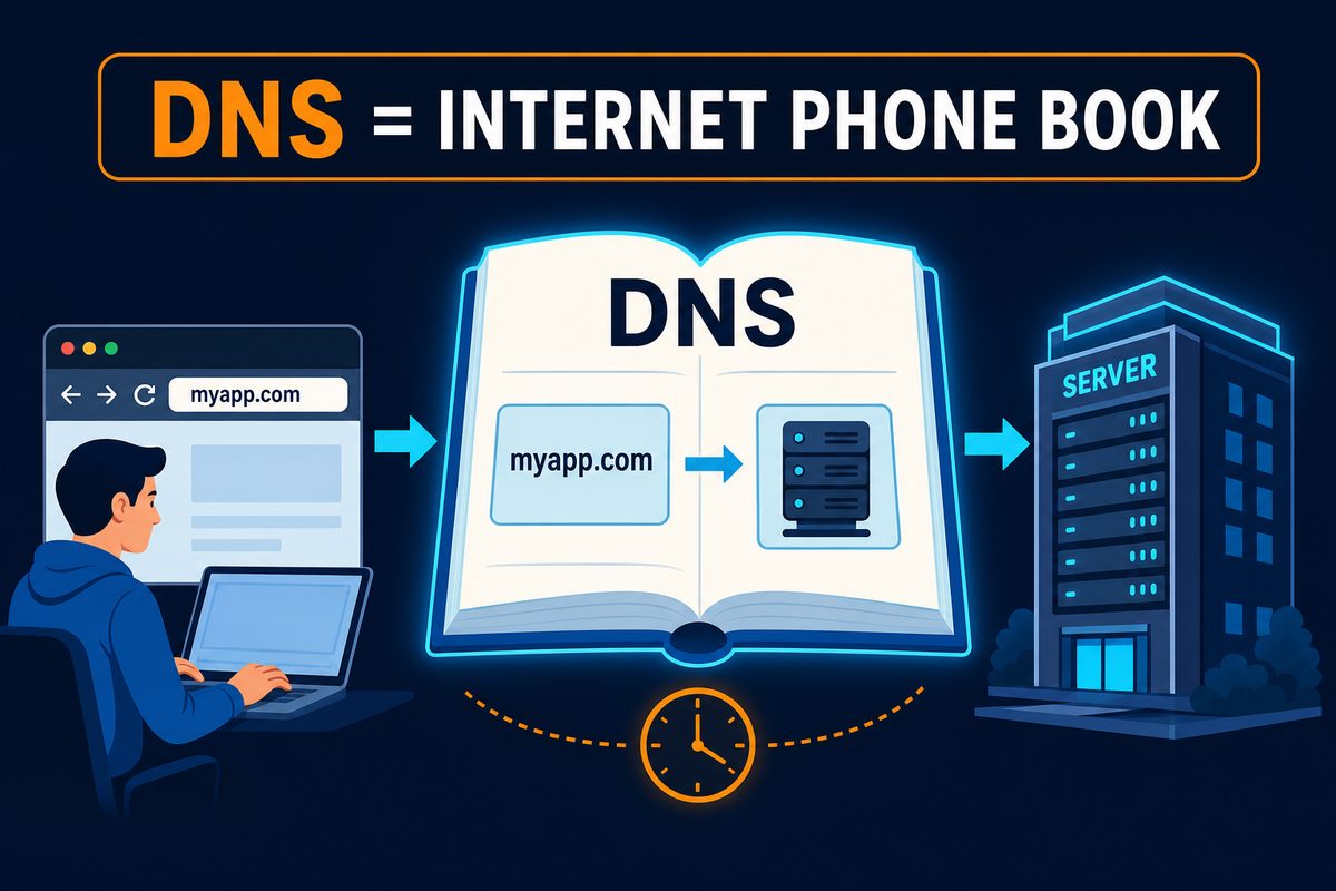 DNS INTERNET PHONE BOOK 문구와 함께 브라우저의 myapp.com 입력이 DNS 전화번호부를 거쳐 SERVER 건물로 안내되는 과정 일러스트